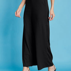 Istyle Can black ribbed high-rise wide-leg trousers for women with pull-on elastic waist and side pockets