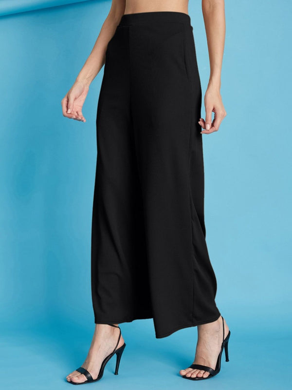 Istyle Can black ribbed high-rise wide-leg trousers for women with pull-on elastic waist and side pockets