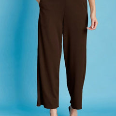Istyle Can brown ribbed high-rise wide-leg trousers for women with pull-on elastic waist and side pockets