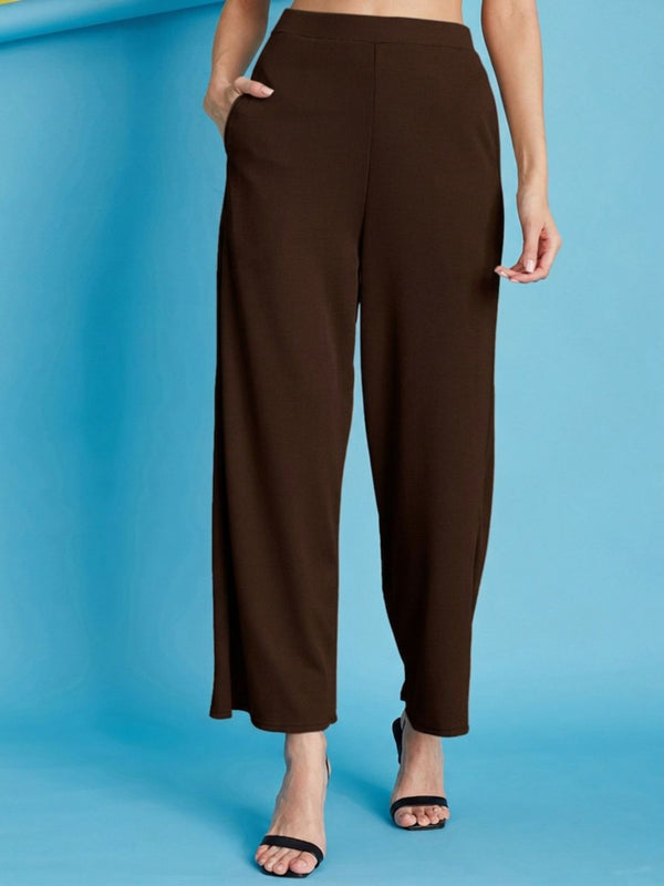 Istyle Can brown ribbed high-rise wide-leg trousers for women with pull-on elastic waist and side pockets