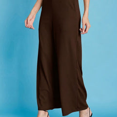 Istyle Can brown ribbed high-rise wide-leg trousers for women with pull-on elastic waist and side pockets
