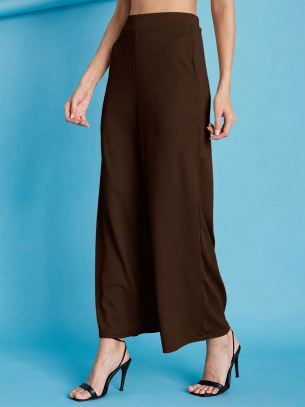 Istyle Can brown ribbed high-rise wide-leg trousers for women with pull-on elastic waist and side pockets