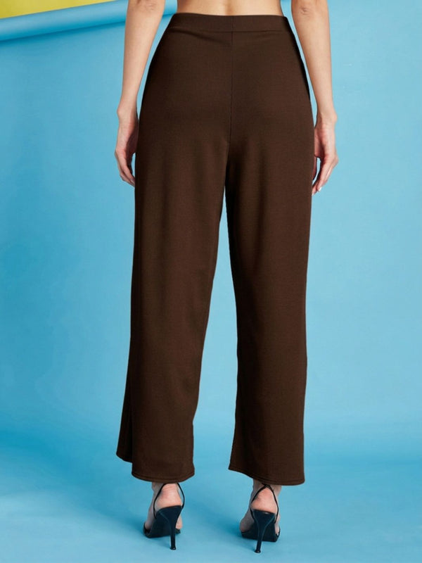 Istyle Can brown ribbed high-rise wide-leg trousers for women with pull-on elastic waist and side pockets