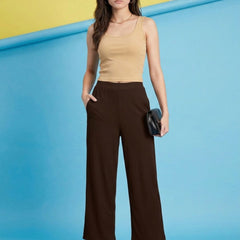 Istyle Can brown ribbed high-rise wide-leg trousers for women with pull-on elastic waist and side pockets