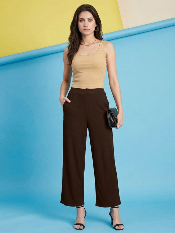Istyle Can brown ribbed high-rise wide-leg trousers for women with pull-on elastic waist and side pockets