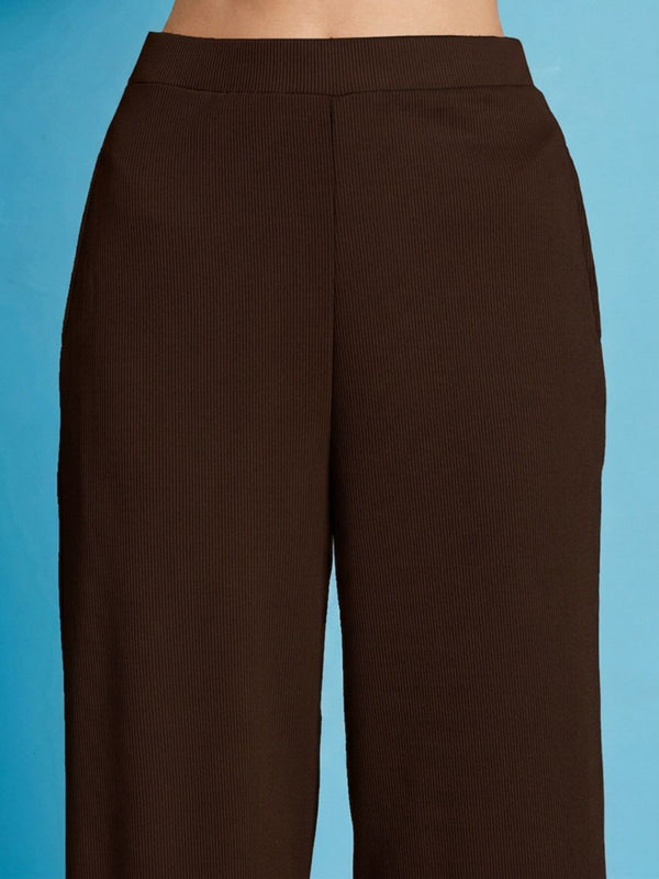 Istyle Can brown ribbed high-rise wide-leg trousers for women with pull-on elastic waist and side pockets