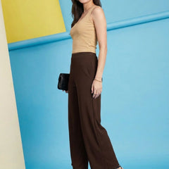 Istyle Can brown ribbed high-rise wide-leg trousers for women with pull-on elastic waist and side pockets