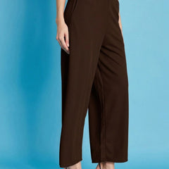 Istyle Can brown ribbed high-rise wide-leg trousers for women with pull-on elastic waist and side pockets