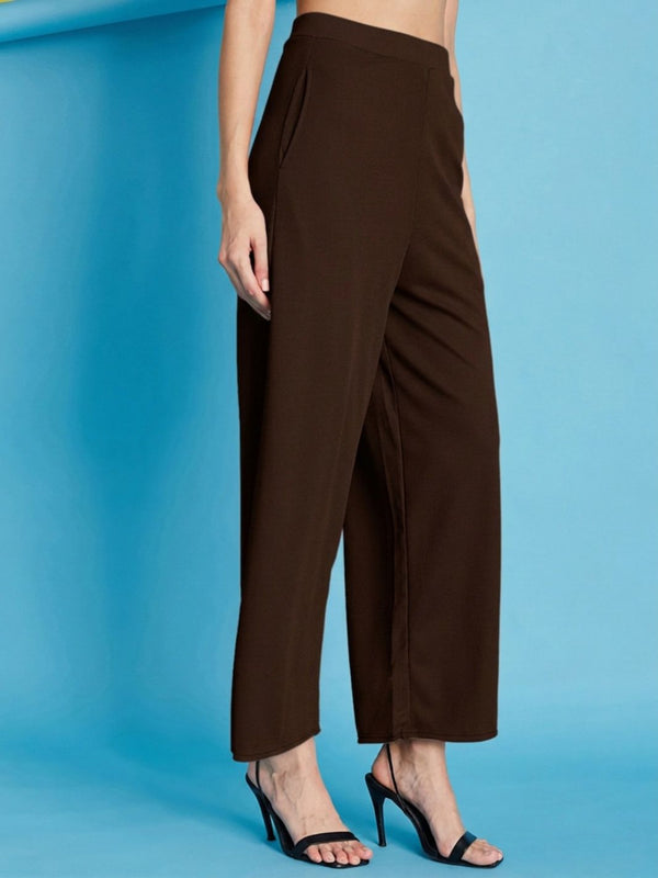 Istyle Can brown ribbed high-rise wide-leg trousers for women with pull-on elastic waist and side pockets