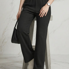Istyle Can black mid-rise straight fit trousers for women with elastic waist and side pockets