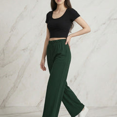 Istyle Can green mid-rise straight fit trousers for women with elastic waist and side pockets