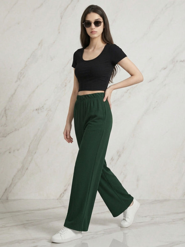 Istyle Can green mid-rise straight fit trousers for women with elastic waist and side pockets