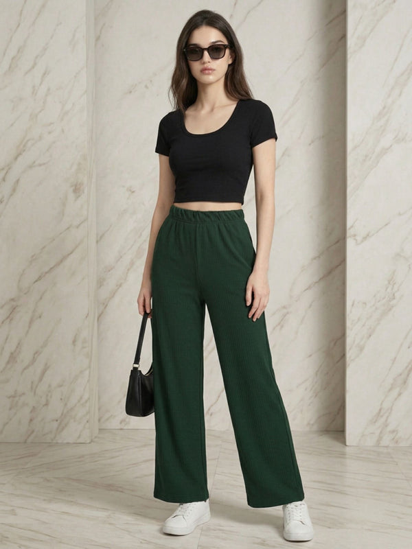 Istyle Can green mid-rise straight fit trousers for women with elastic waist and side pockets