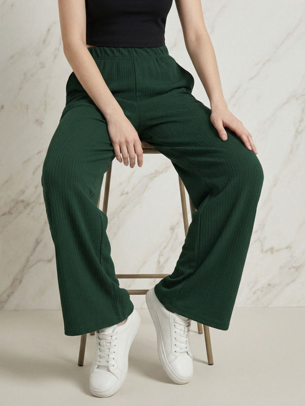 Istyle Can green mid-rise straight fit trousers for women with elastic waist and side pockets