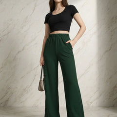 Istyle Can green mid-rise straight fit trousers for women with elastic waist and side pockets