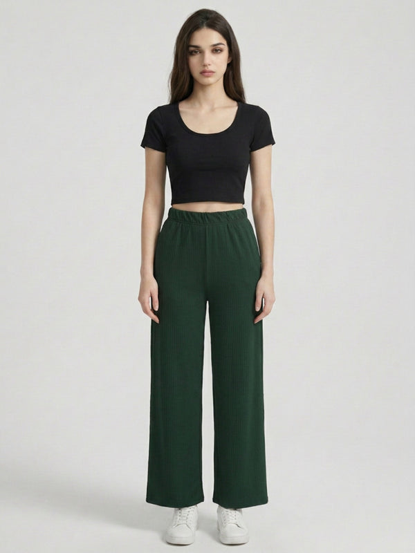 Istyle Can green mid-rise straight fit trousers for women with elastic waist and side pockets