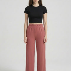 Istyle Can onion pink mid-rise straight fit trousers for women with elastic waist and side pockets