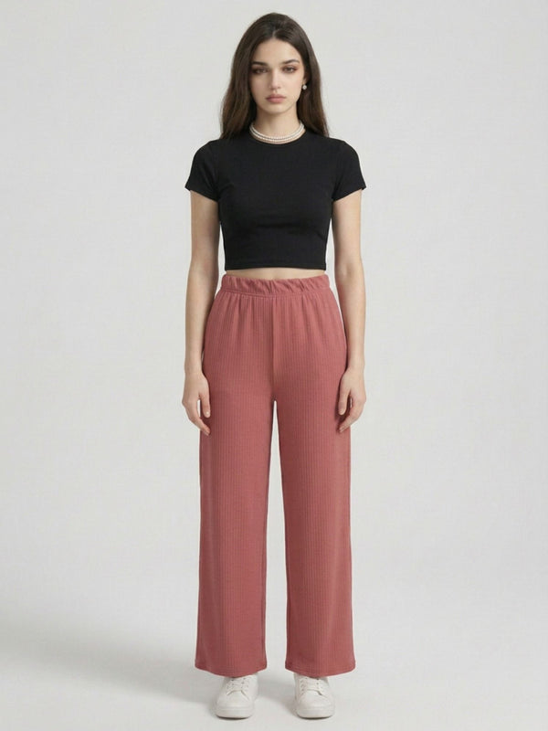Istyle Can onion pink mid-rise straight fit trousers for women with elastic waist and side pockets