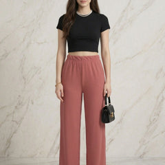 Istyle Can onion pink mid-rise straight fit trousers for women with elastic waist and side pockets