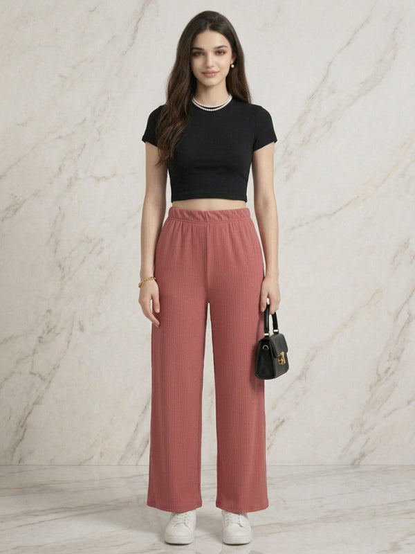Istyle Can onion pink mid-rise straight fit trousers for women with elastic waist and side pockets