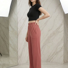 Istyle Can onion pink mid-rise straight fit trousers for women with elastic waist and side pockets