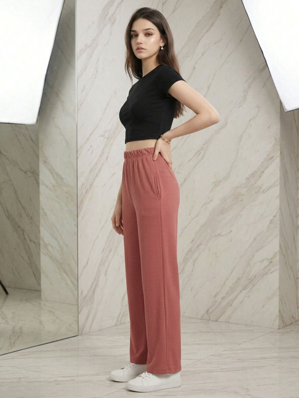 Istyle Can onion pink mid-rise straight fit trousers for women with elastic waist and side pockets