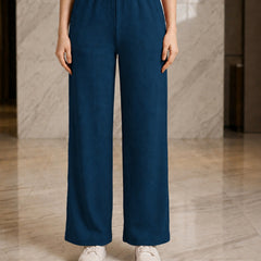 Istyle Can teal mid-rise straight fit trousers for women with elastic waist and side pockets