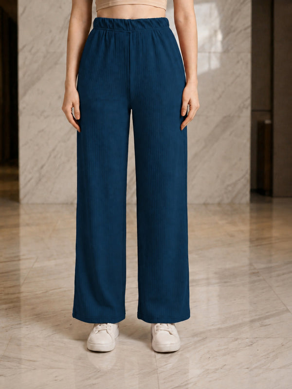 Istyle Can teal mid-rise straight fit trousers for women with elastic waist and side pockets