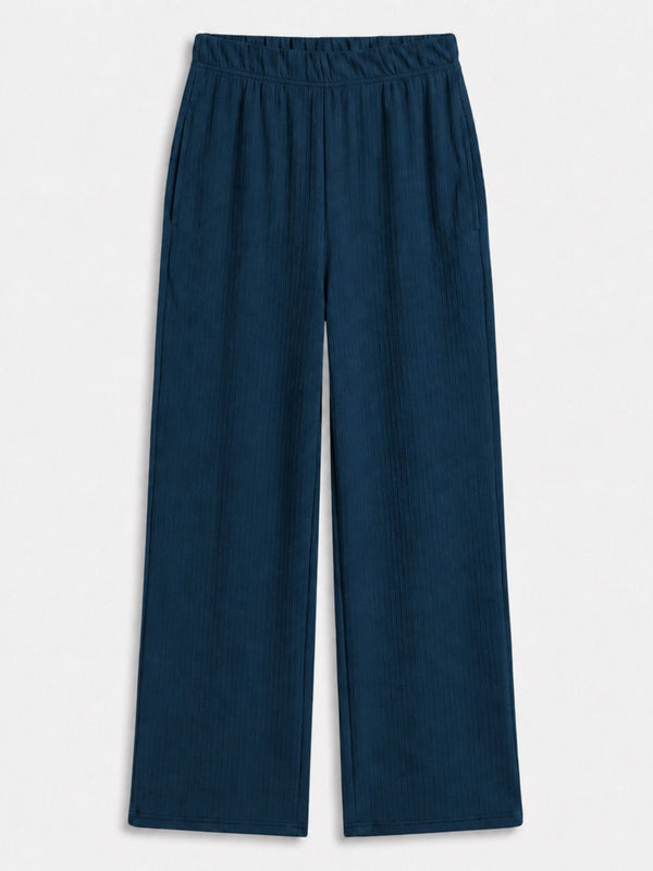 Istyle Can teal mid-rise straight fit trousers for women with elastic waist and side pockets