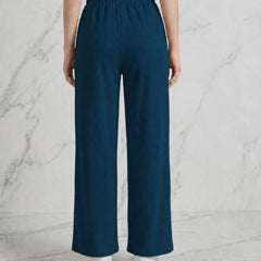Istyle Can teal mid-rise straight fit trousers for women with elastic waist and side pockets