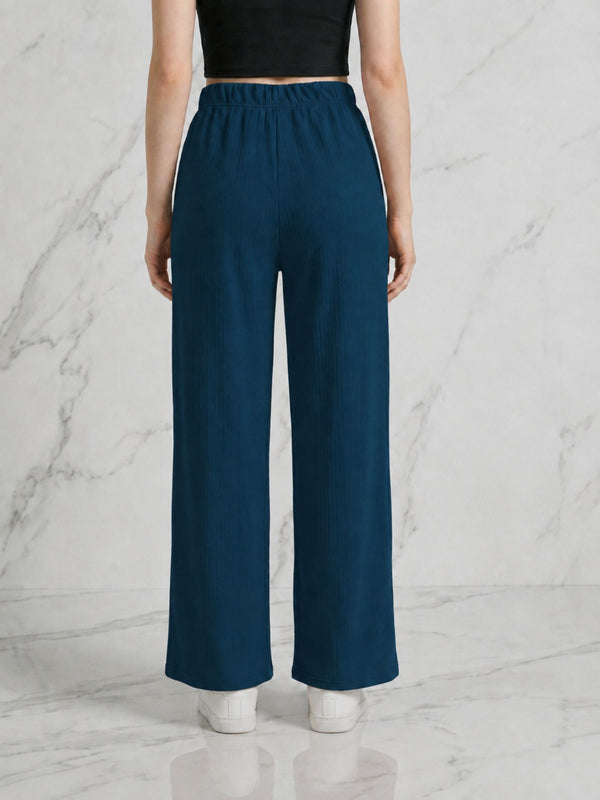 Istyle Can teal mid-rise straight fit trousers for women with elastic waist and side pockets