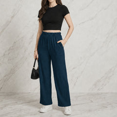 Istyle Can teal mid-rise straight fit trousers for women with elastic waist and side pockets