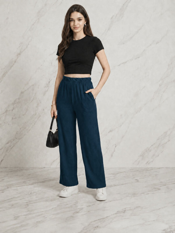 Istyle Can teal mid-rise straight fit trousers for women with elastic waist and side pockets