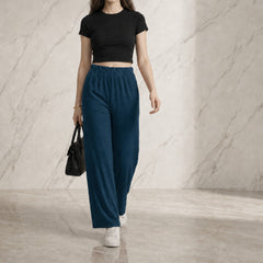 Istyle Can teal mid-rise straight fit trousers for women with elastic waist and side pockets