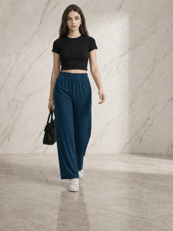 Istyle Can teal mid-rise straight fit trousers for women with elastic waist and side pockets