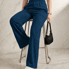 Istyle Can teal mid-rise straight fit trousers for women with elastic waist and side pockets
