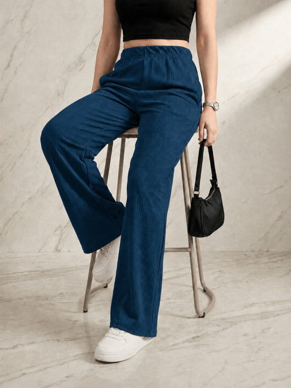 Istyle Can teal mid-rise straight fit trousers for women with elastic waist and side pockets