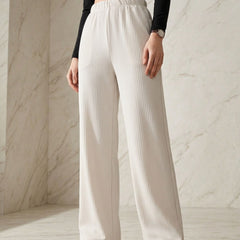 Istyle Can white mid-rise straight fit trousers for women with elastic waist and side pockets