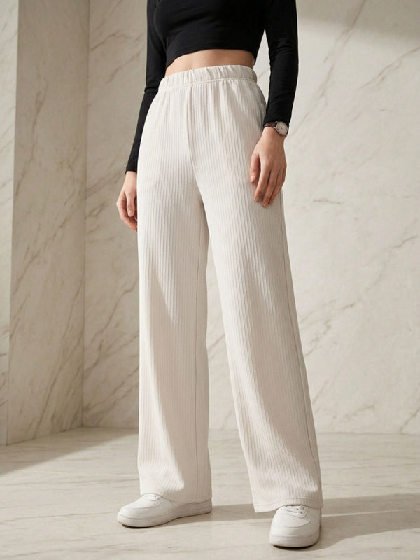 Istyle Can white mid-rise straight fit trousers for women with elastic waist and side pockets
