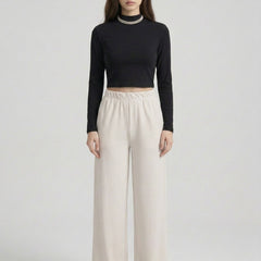 Istyle Can white mid-rise straight fit trousers for women with elastic waist and side pockets