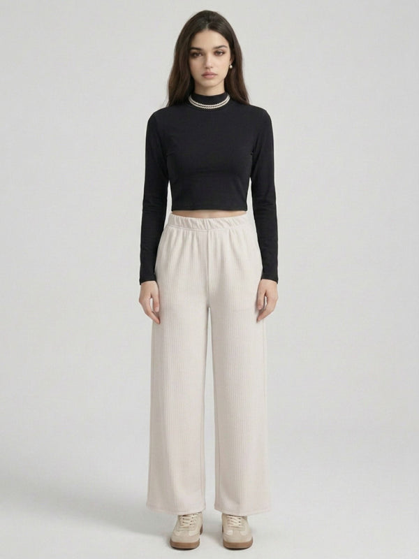 Istyle Can white mid-rise straight fit trousers for women with elastic waist and side pockets