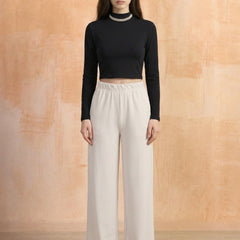 Istyle Can white mid-rise straight fit trousers for women with elastic waist and side pockets