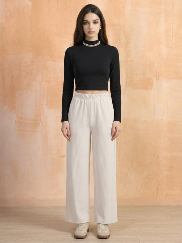Istyle Can white mid-rise straight fit trousers for women with elastic waist and side pockets