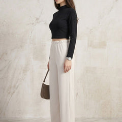 Istyle Can white mid-rise straight fit trousers for women with elastic waist and side pockets