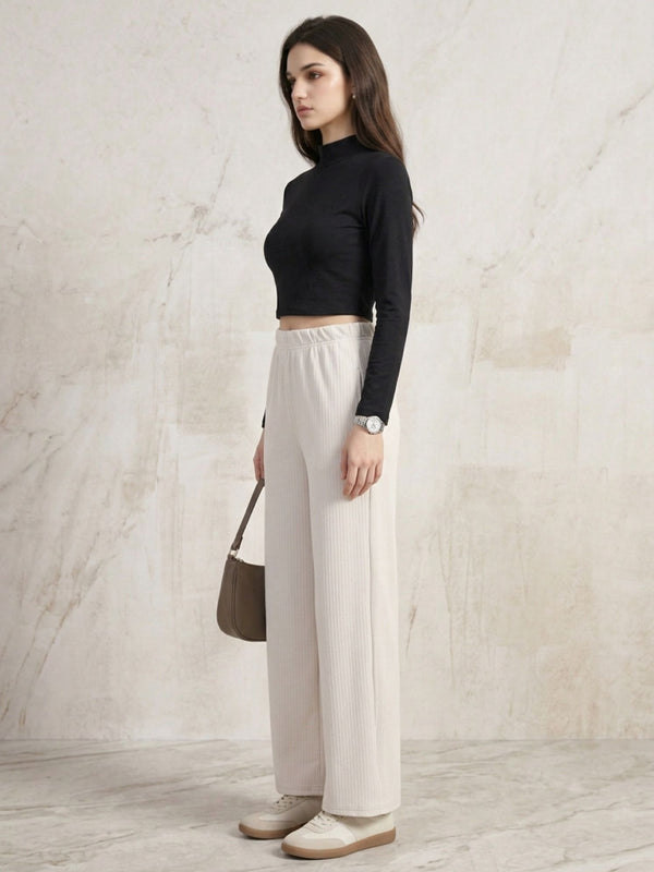 Istyle Can white mid-rise straight fit trousers for women with elastic waist and side pockets