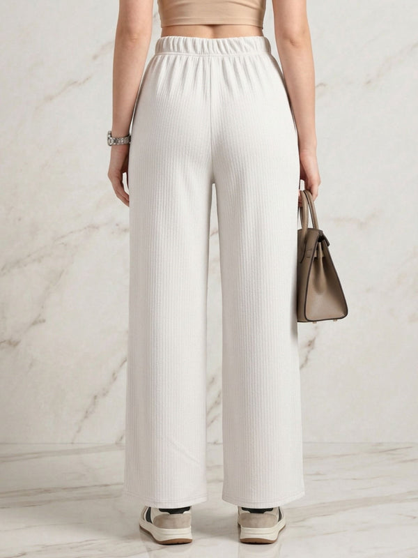 Istyle Can white mid-rise straight fit trousers for women with elastic waist and side pockets