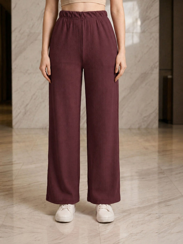 Istyle Can wine mid-rise straight fit trousers for women with elastic waist and side pockets