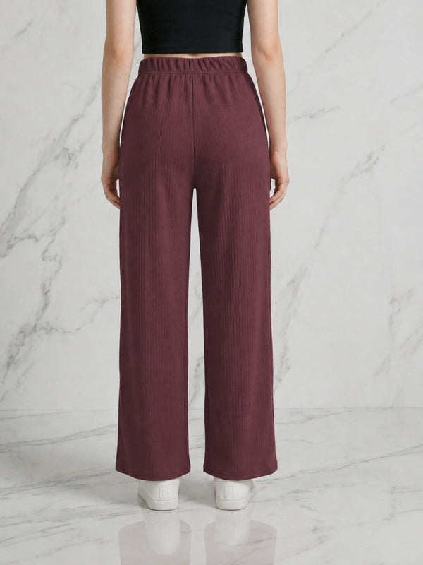 Istyle Can wine mid-rise straight fit trousers for women with elastic waist and side pockets