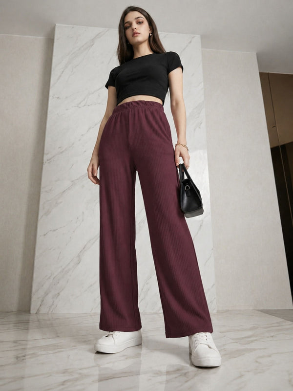 Istyle Can wine mid-rise straight fit trousers for women with elastic waist and side pockets