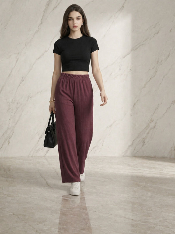 Istyle Can wine mid-rise straight fit trousers for women with elastic waist and side pockets